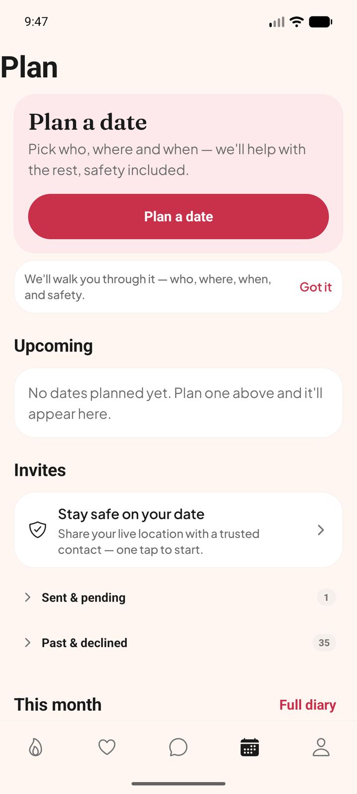 The Plan tab in DateMaite, with a Plan a date button and a reminder to stay safe on your date