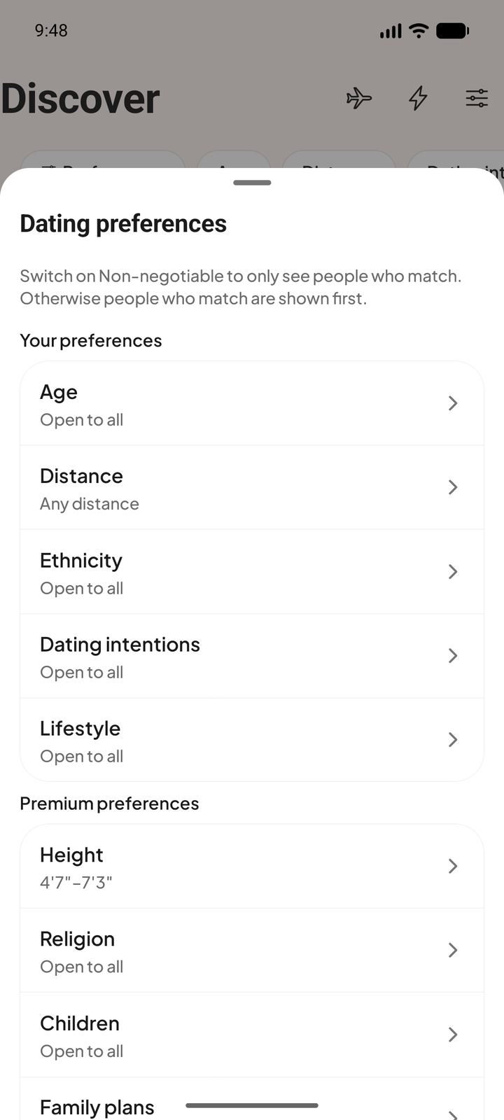 Dating preferences in DateMaite, such as age, distance, dating intentions and lifestyle