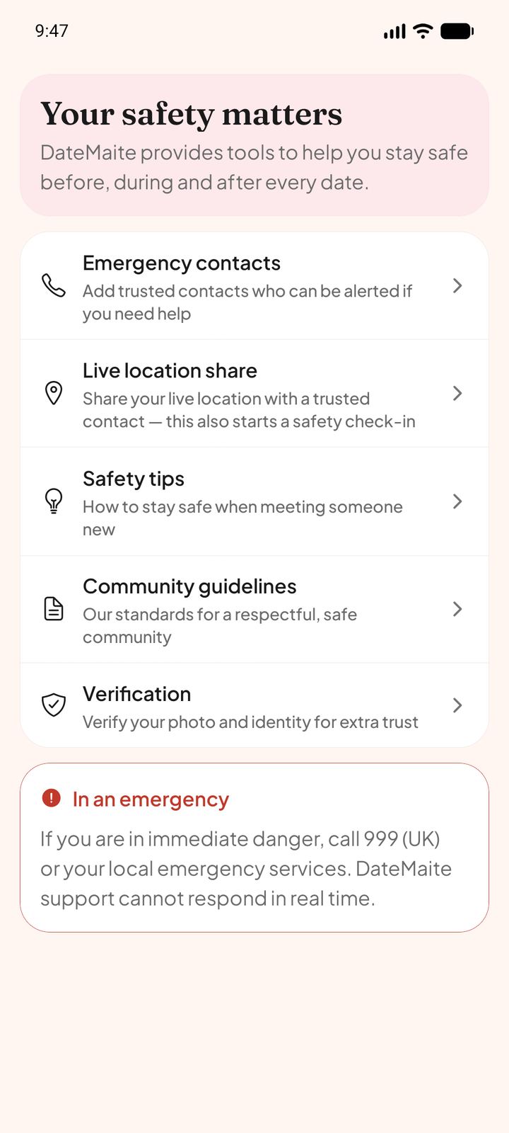 The safety centre, with emergency contacts, live location share, safety tips and verification